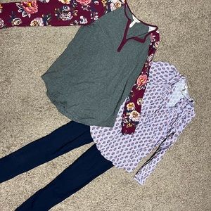 Worn 1 time purple sleeve with floral shirt size small pants and top medium